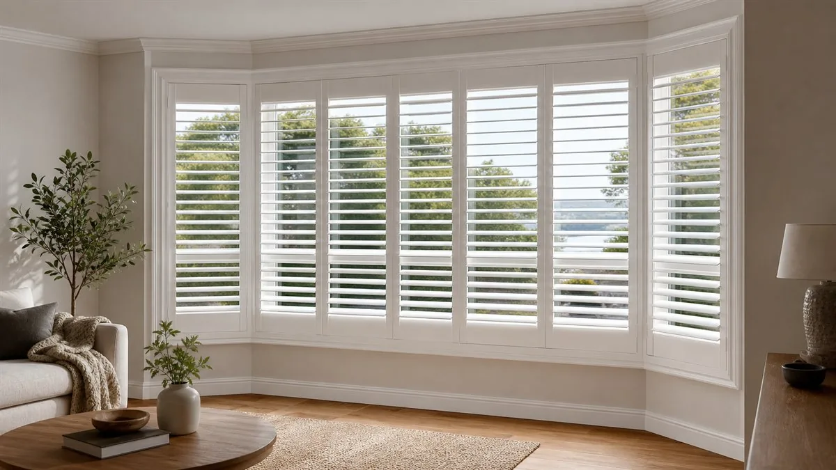 Custom plantation shutters fitted to an architectural bay window