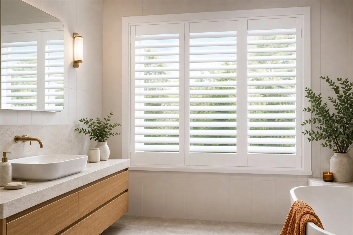 White PVC plantation shutters in a bright bathroom