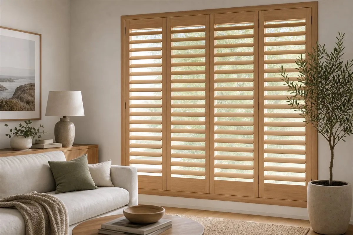 Warm timber plantation shutters in a refined living room