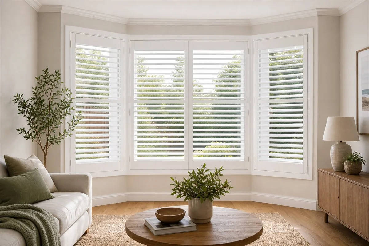 White plantation shutters fitted to an angled bay window