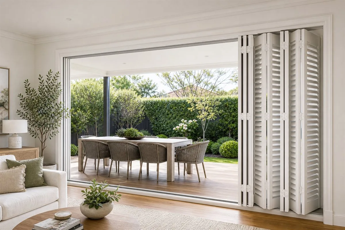 Bi-fold plantation shutters folded beside an alfresco opening