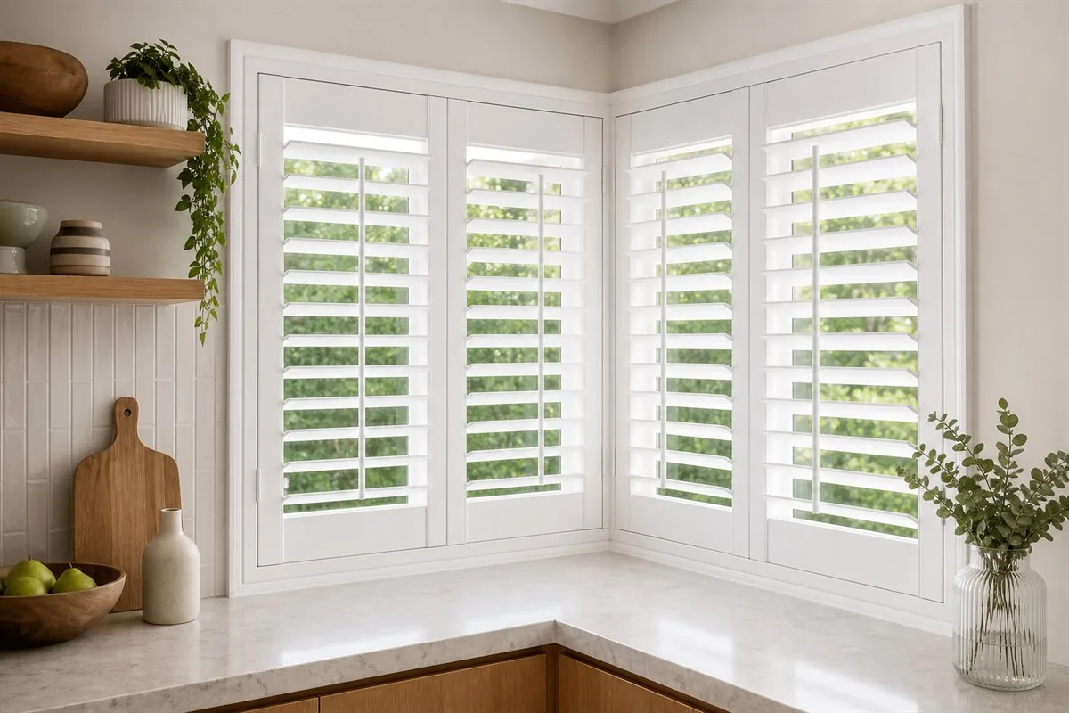 White plantation shutters wrapping a corner window in a kitchen