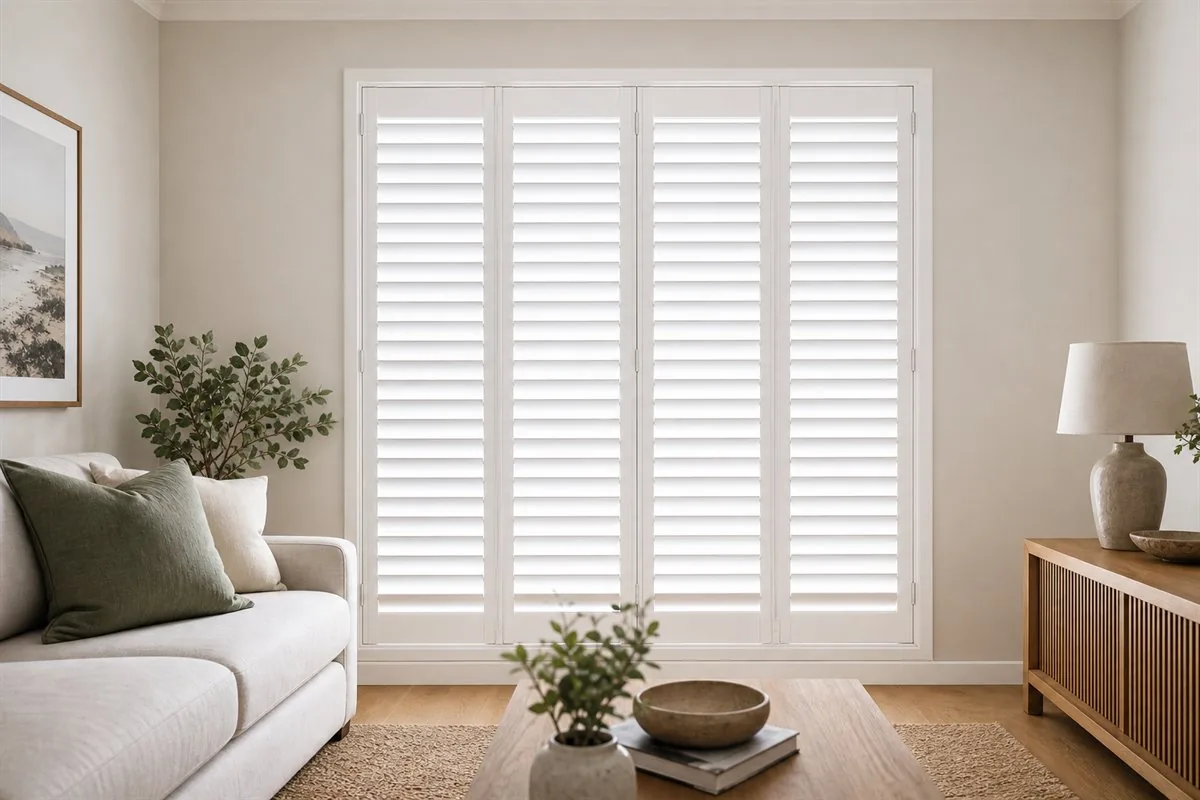 Full height white plantation shutters in a Melbourne living room