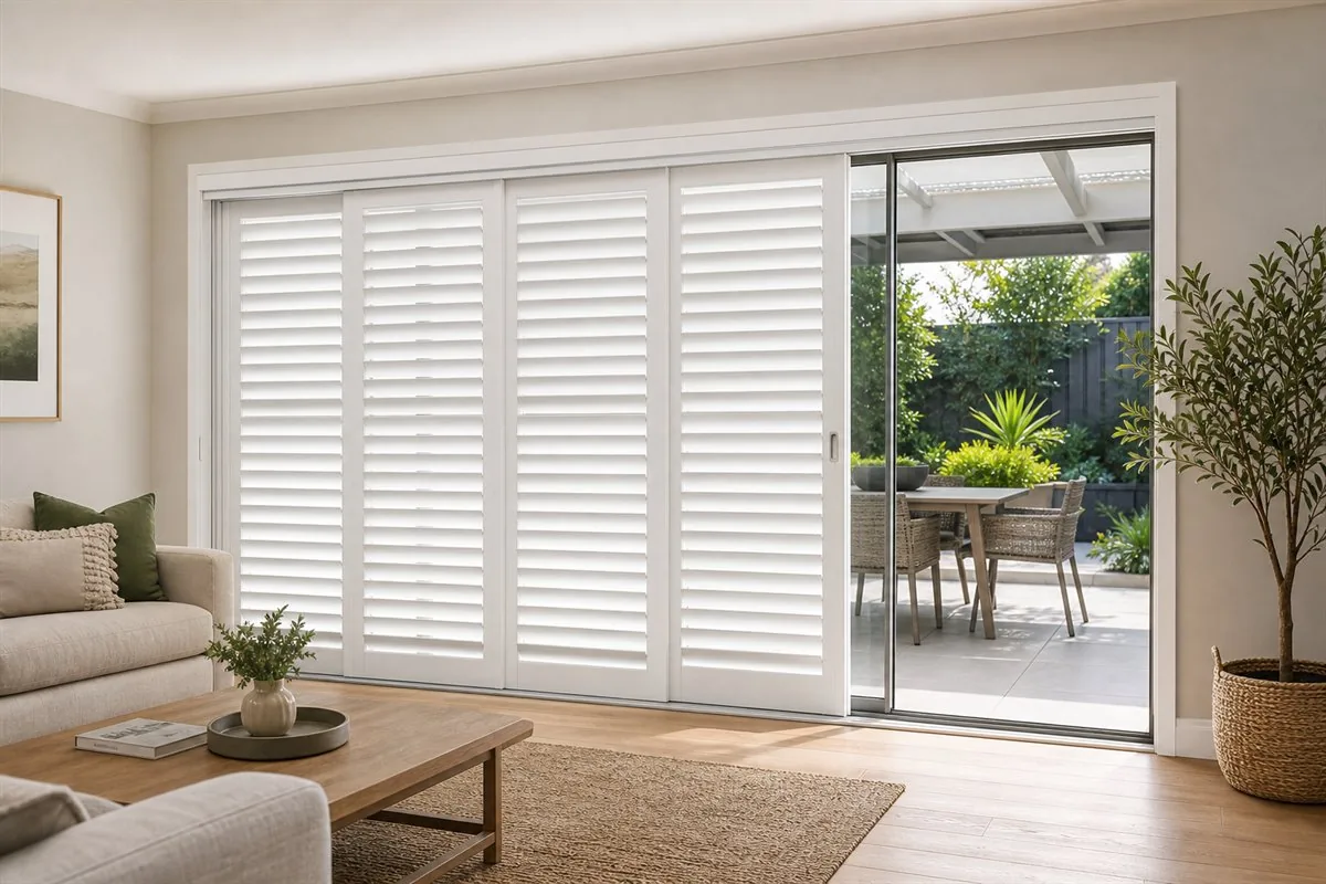 Sliding track plantation shutters on a wide alfresco door