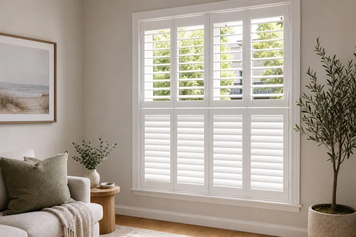 Tier-on-tier plantation shutters with independent top and bottom panels
